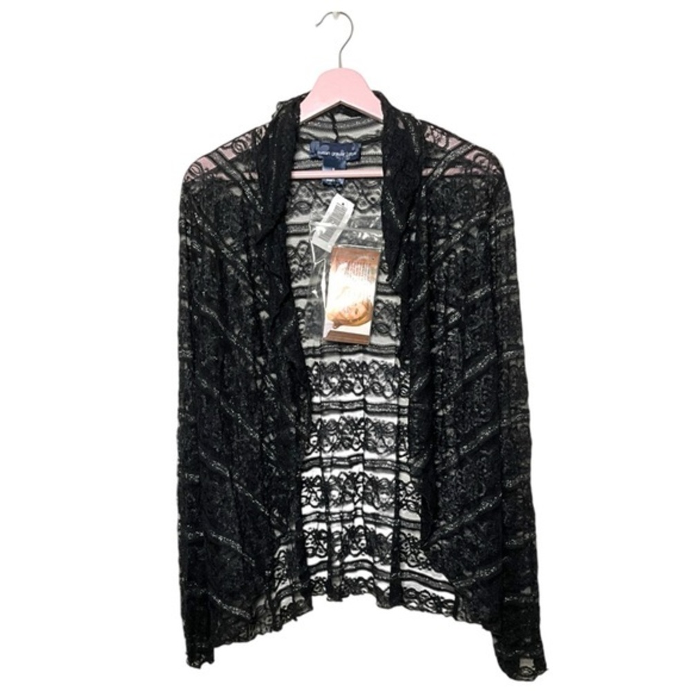 Susan Graver black Lace‎ cardigan metallic thread open duster blazer S romantic
